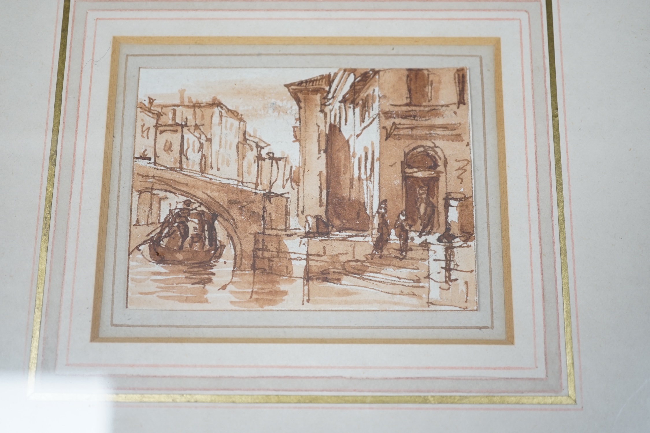Four 18th/19th century sepia pen and ink sketches, Venetian scenes including 'La douane de mer a Venise', largest 10.5 x 14cm. Condition - fair, discolouration and foxing throughout commensurate with age